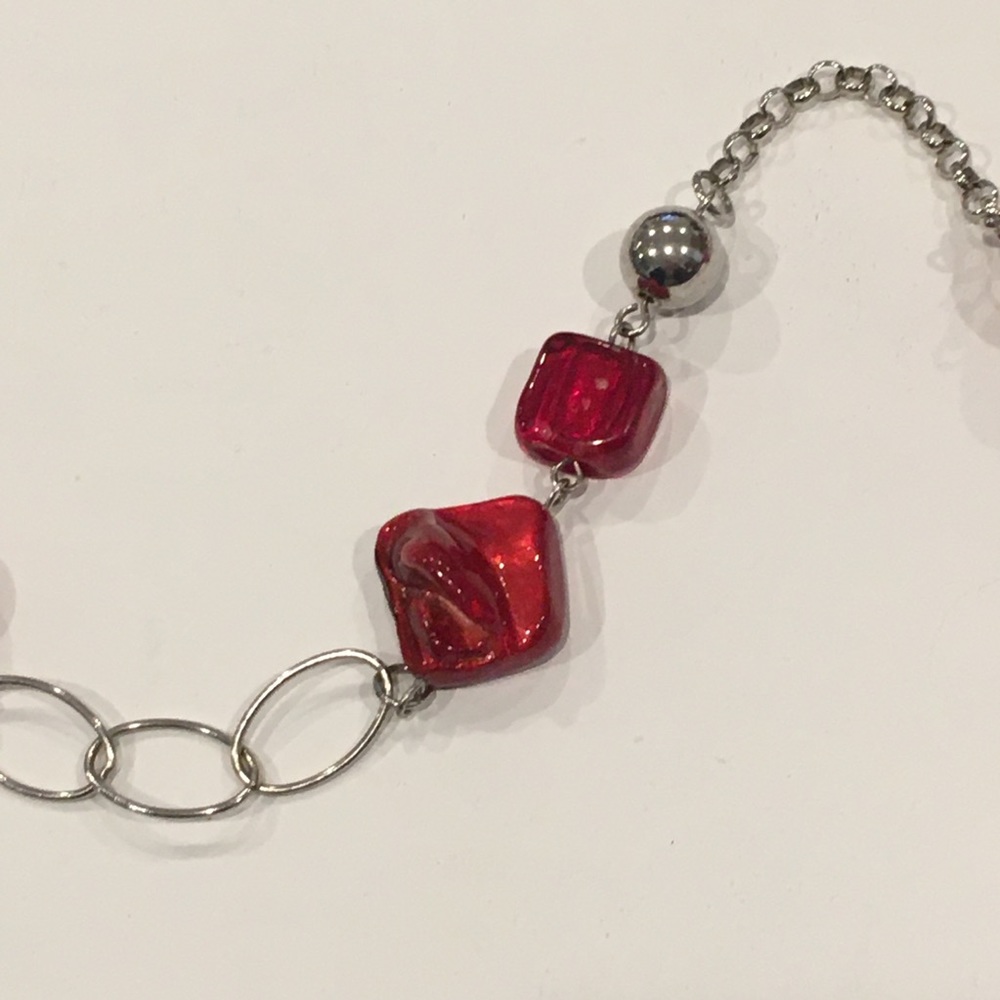 Glass, Shell, Red & Silver Necklace - Picture 2 of 6